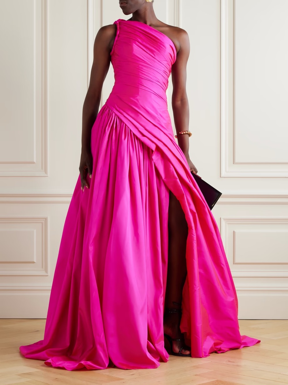 MARMAR HALIM One-Shoulder Fuchsia Evening Gown with Draped Skirt $3840